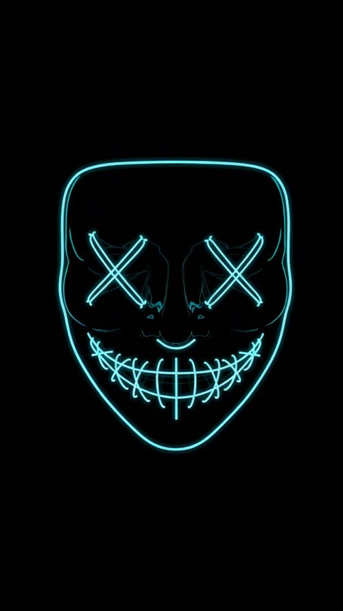 Glowing Cyan Neon Mask on Black Background